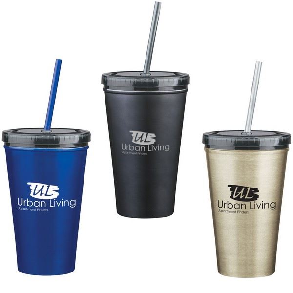 DH5845 16 Oz. Stainless Steel Double Wall Tumbler With Straw And Custom Imprint